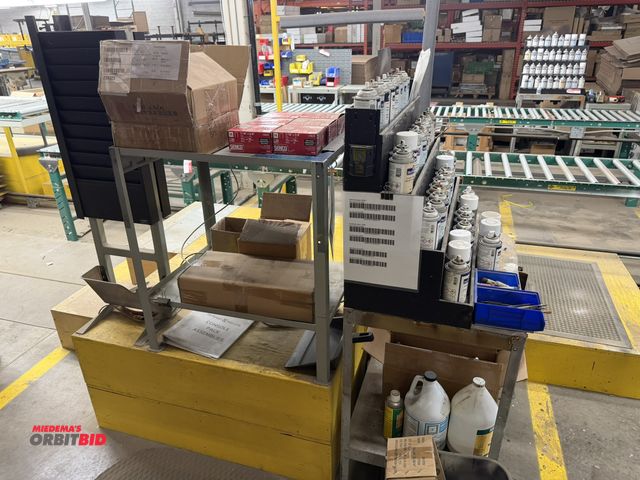 Lot 1-17499 - Lot of (2) steel tables, 1 with assorted Mohawk spray paints, (6) boxes of Senco 18 gauge staples, (...