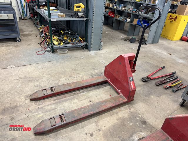 Lot 1-6303 - (1) Dayton manual pallet jack with 48" forks x 27.5" wide, 5000 capacity, model 3W094B, rear wheels ...