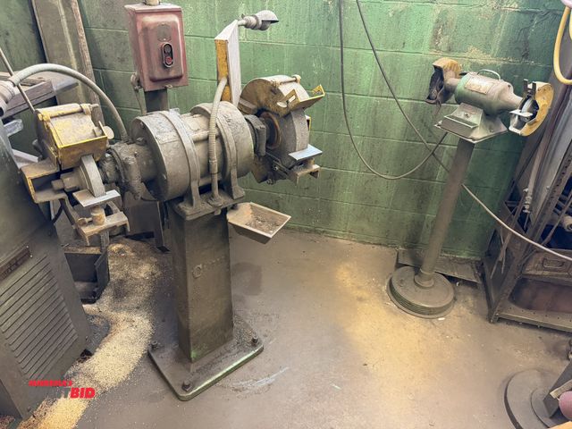 Lot 1-18525 - (1) 220/440V, 3 phase, 1/2 HP 10" bench grinder, in working condition, with overhead light and 32" t...