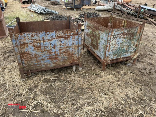 Lot 1-3006 - Lot of (2) 36" width x 30" height x 27" depth steel containers on wheels, 1 with assorted steel brac...