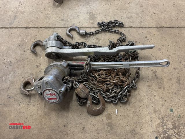 Lot 1-6359 - (1) Crosby 1.5-ton ratcheting chain fall, and (1) unknown brand ratcheting chain fall.