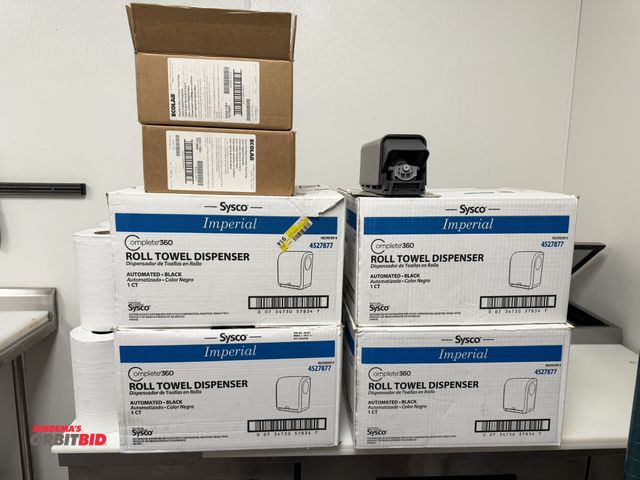 Lot 1-11120 - Lot including (4) new Sysco Imperial complete-360 roll towel dispensers (black), and (4) new Ecolab ...