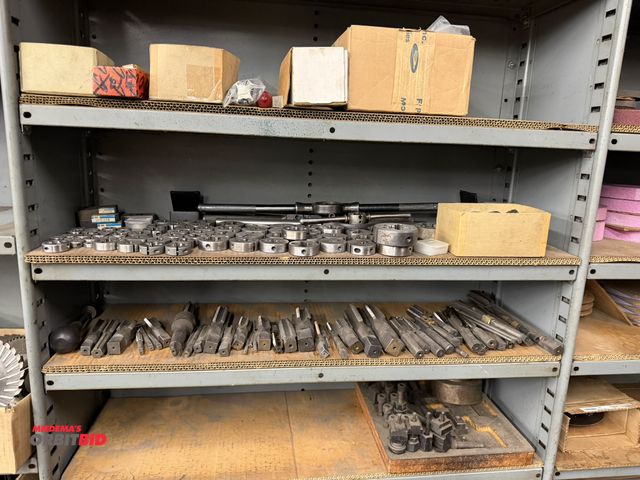 Lot 1-1826 - Entire contents of shelving shown in photos, includes miscellaneous taps, ties, threading handles, a...