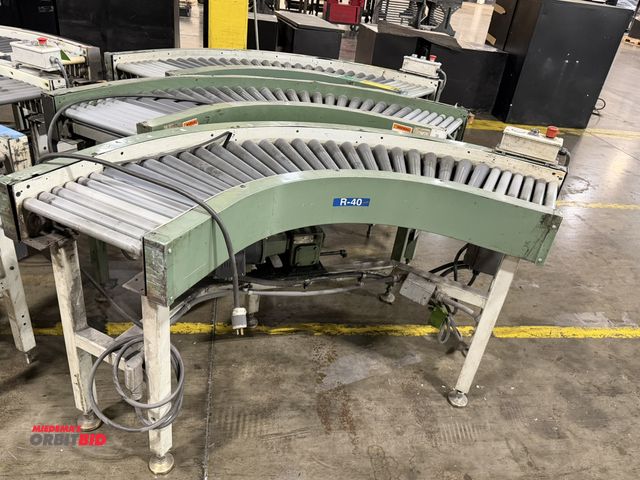 Lot 1-5309 - Set of (3) 15" width x approx. 5' length curved power roller conveyor sections, 3 phase electric mot...
