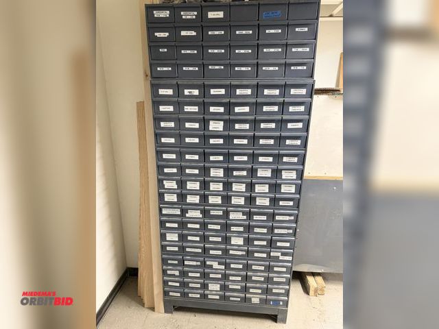 Lot 1-16367 - (5) Durham 34" width x 14" height x 12" depth hardware storage units with 24 removable steel drawers...