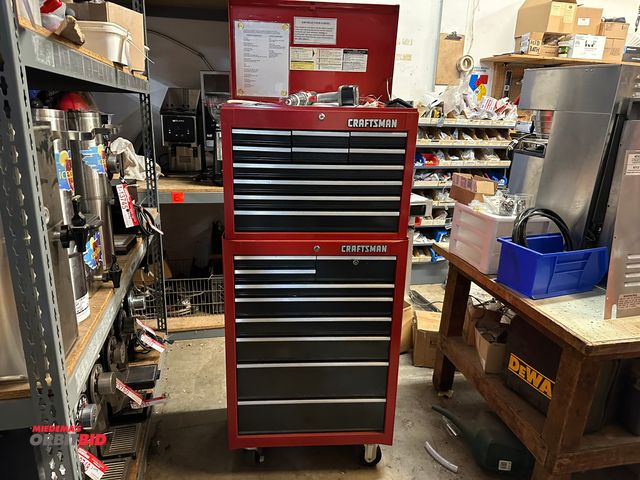 Lot 1-13758 - (1) Craftsman 26" width x 20" height x 16" depth 10-drawer tool box on a Craftsman 27" width x 36" h...