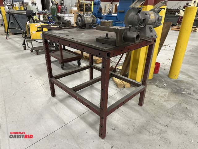 Lot 1-19180 - (1) 42" width x 36.5" height x 32" depth heavy duty steel table with a 3/4" thick steel top, (1) Por...