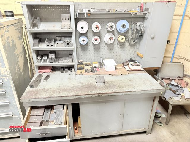 Lot 1-12407 - (1) 61.5" width x 32" height x 31.5" depth wood framed work bench with contents, including (1) 4" x ...