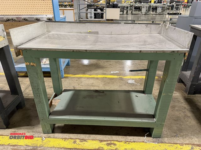 Lot 1-5224 - (1) 48" width x 36" height x 22" depth heavy duty wood framed stand with stainless steel top and 5" ...