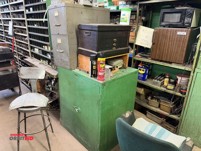 Lot 1-18520 - Lot including (1) 22" width x 13" height x 13" depth vintage wood Tool Maker's tool box, with conten...