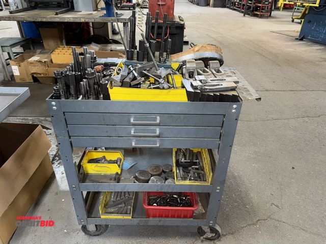 Lot 1-18900 - (1) 3-drawer rolling shop cart with assorted work holding tooling.
