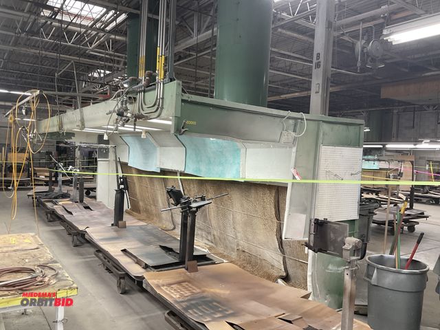 Lot 1-17254 - (1) approx. 33' length x 8' height spray booth with filters, overhead lights, and diaphragm pump sty...