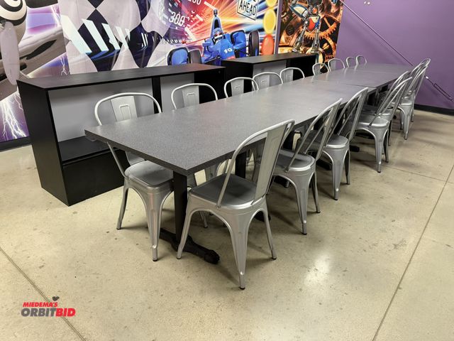 Lot 1-11179 - (4) 48" length x 29-1/2" height x 30" depth metal framed tables with formica tops, (16) matching sta...