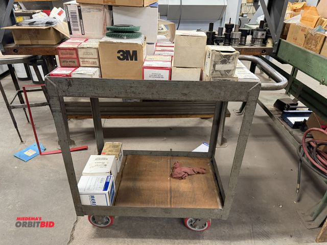 Lot 1-1972 - (1) 30" length x 36.5" height x 18" depth, 2-tier steel shop cart with contents of assorted new abra...