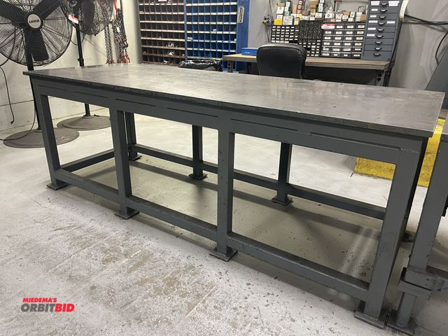 Lot 1-19261 - (1) heavy duty steel shop/welding table, 8' x 36" x 34 1/4" tall x 7/8" thick top.