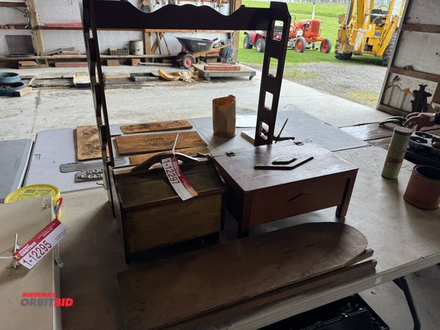 Lot 1-12297 - Lot of assorted wood furniture, includes small 30" ironing board, flip top bread basket, small chest...