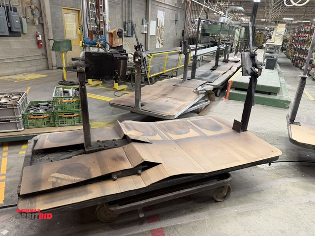 Lot 1-16474 - Lot of (9) steel rail carts, each is approx. 95.5" x approx. 48" wide with 8" caster wheels, swivel ...