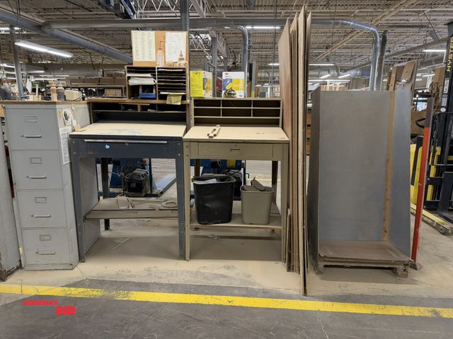 Lot 1-16212 - Lot including (2) 34.5" width x 44" height x 30" depth steel foreman's desk with single drawer, and ...
