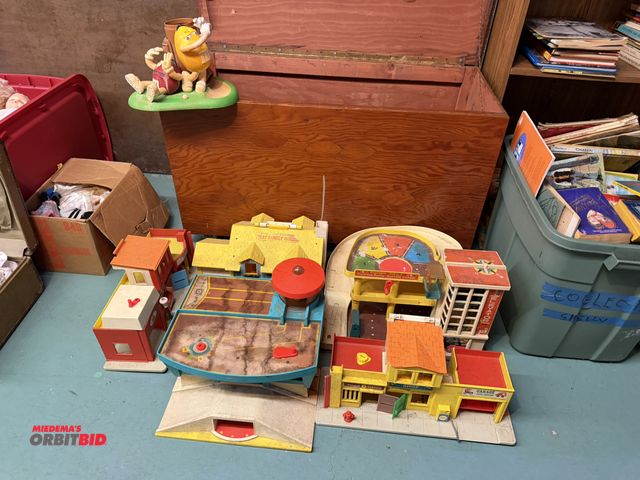 Lot 1-12166 - (1) wooden, custom built toy box, 37" x 18.5" x 21" tall, includes all toys shown in photo.