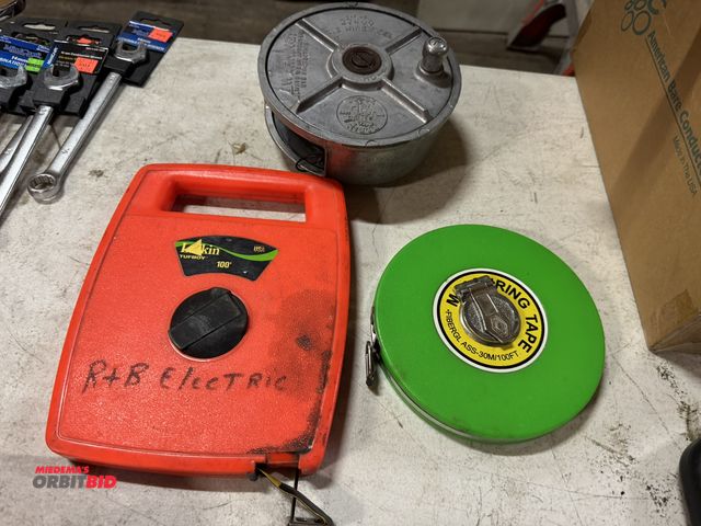 Lot 1-4320 - (1) Klein, Cat #27400, tie wire reel, (1) fiberglass 100' measuring tape, and (1) Lufkin Tufboy 100'...