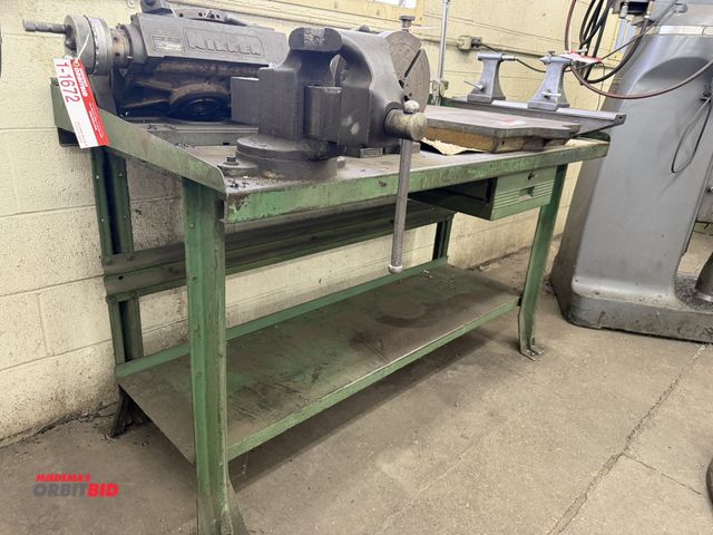 Lot 1-1673 - (1) steel shop table with vise, includes 4" Morgan Chicago vise with 60" metal shop table.
