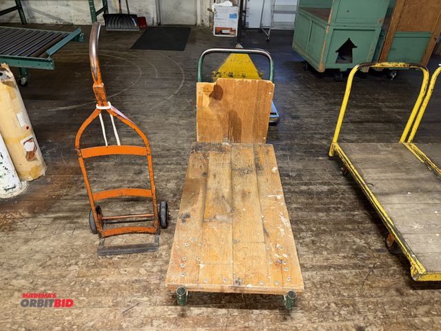 Lot 1-4930 - (1) product cart with wood deck, 48" long x 24" wide, and (1) 2-wheel dolly with solid tires.
