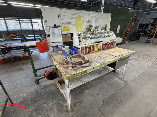 Lot 1-17200 - (1) 72" length x 34" height x 34" depth steel framed work bench with pegboard backing, (1) Reel Work...
