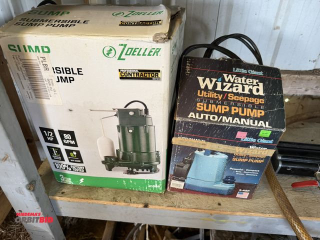 Lot 1-8457 - (2) submersible sump pumps, includes 1 Zoeller 1/2 HP, and 1 Little Giant Water Wizard.