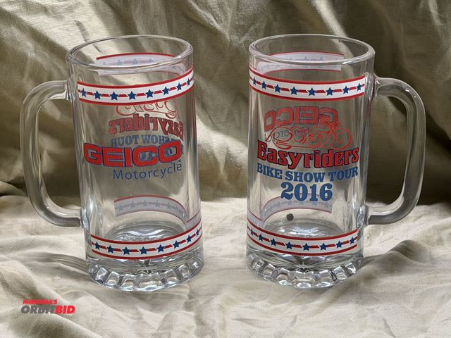Lot 1-8295 - Set of (2) Geico Easy Riders Bike Show Tour 2016, 16 ounce beer mugs.