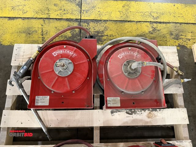 Lot 1-5276 - Lot of (2) Reelcraft, model 5635-OLP, retractable air hose reels with 12" air nozzle.