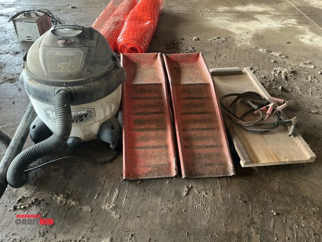 Lot 1-19326 - It’s not of assorted garage related items include ramps, creeper, set of jumper, cables, and one hea...