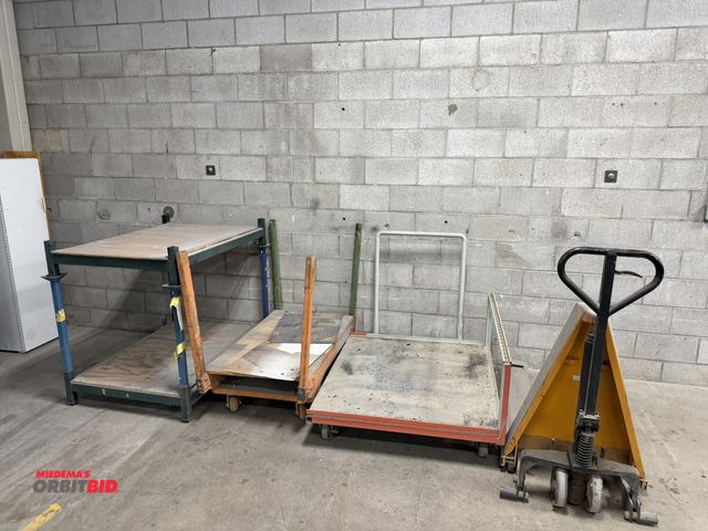 Lot 1-17248 - Lot of (2) steel stackable racks, 36" width x 9" height x 48" depth, (1) steel framed 46" length x 1...
