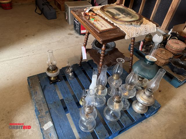 Lot 1-3129 - Lot of assorted oil lamps, wooden table, and picture frame