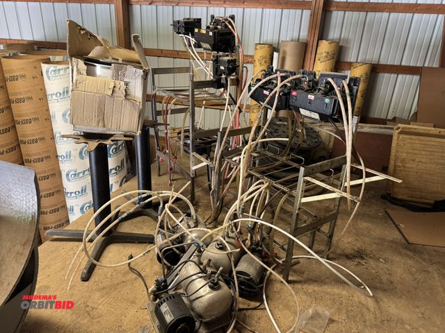 Lot 1-14245 - Lot of (2) ShurFlo soda dispensing racks, 1 is 6-station, 1 is 5-station, includes (3) pumps with mo...
