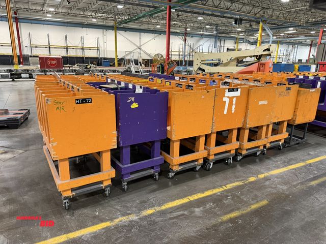 Lot 1-5658 - Lot of (14) rolling wood magazine/parts carts, 49" x 25.5" x 48" tall, 10 slots per cart, winning bi...
