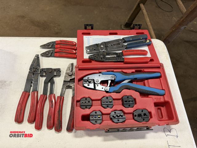 Lot 1-18514 - (1) Tool Aid quick change ratcheting terminal crimping kit, and assorted Blue Point wire pliers.