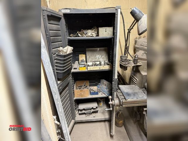 Lot 1-18305 - (1) Stanley, 30" wide, 2-door plastic storage cabinet, includes contents of assorted drill bits, wor...