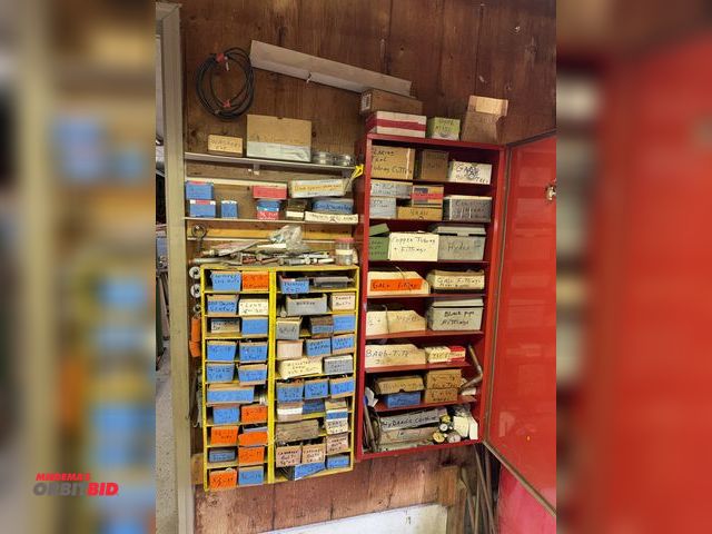 Lot 1-12139 - Large lot of assorted nuts, bolts, and washers, includes single door storage cabinet with nipples, b...