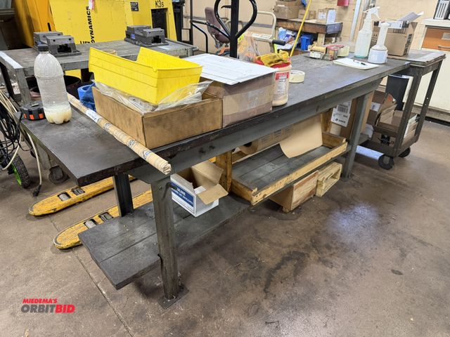 Lot 1-12506 - (1) 84" length x 32.5" height x 24" depth steel framed table with wood top and wood lower shelf, con...