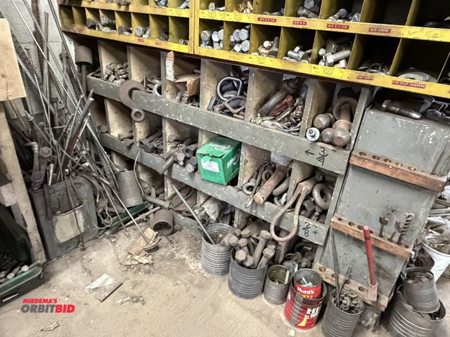 Lot 1-18561 - Contents of wood organizers, includes assorted hitch balls, clevises, hooks, rope eyelets, threaded ...