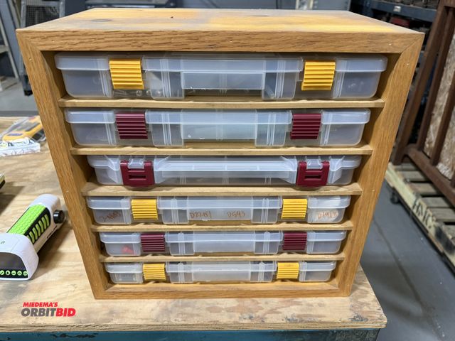 Lot 1-18960 - (1) 6-drawer, custom built wood organizer with Plano pull out parts boxes with small machine screws,...