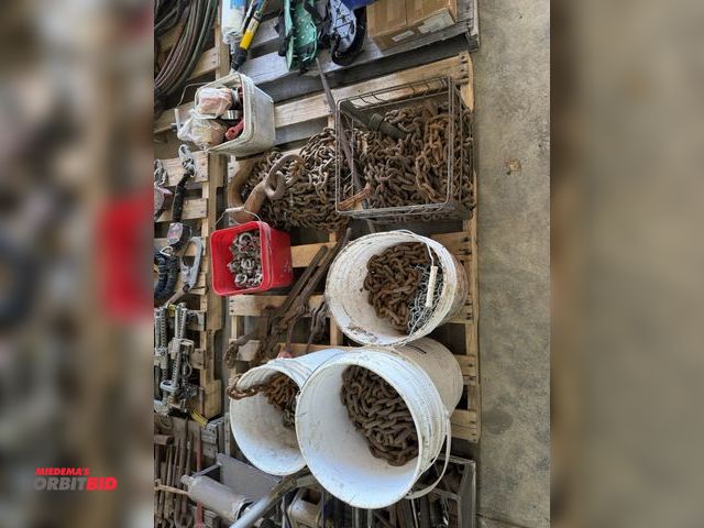 Lot 1-1416 - (1) skid of assorted heavy duty chain, (3) chain binders, various wire clamps, hooks, eye bolts, and...