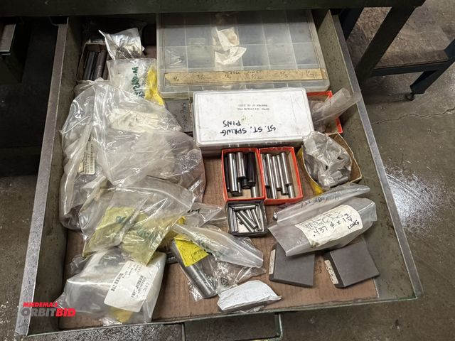 Lot 1-6344 - Contents of drawer, includes assorted pins, dowel pins, gauge pins, and much more.