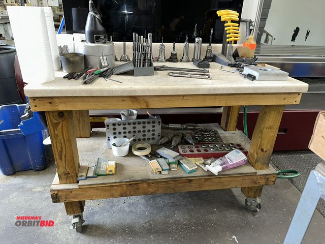 Lot 1-17783 - (1) 48" width x 34.5" height x 24" depth custom built wood 2-tier cart with contents, including ER32...