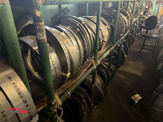 Lot 1-18778 - (1) 8' length x 59" height x 18" depth, 3-tier tube steel rack with contents of rolls of non-magneti...