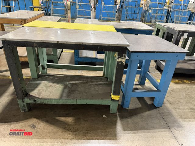 Lot 1-5234 - Set of (2) 48" width x 36" height x 22" depth heavy duty wood framed tables, 1 with lower shelf/1 wi...