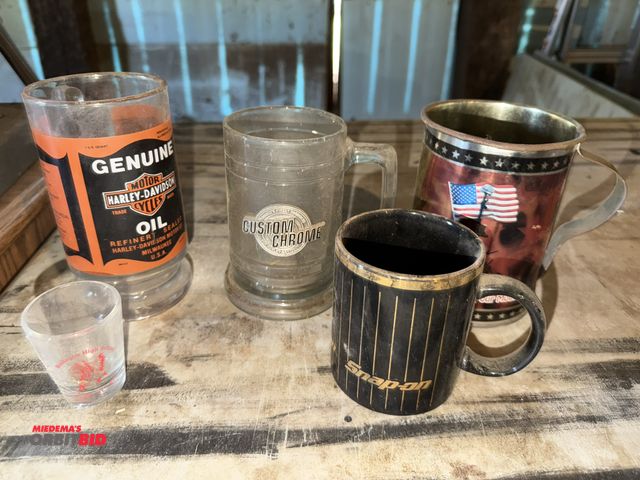 Lot 1-8331 - Lot including (1) collectible Harley Davidson genuine oil labeled beer mug, (1) custom chrome beer m...