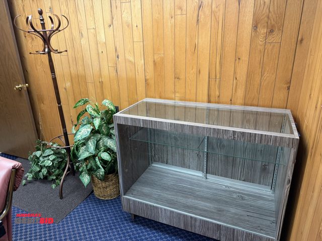Lot 1-15504 - (1) wood and glass display case with glass shelves and sliding doors, 48" x 22" x approx. 40" tall, ...
