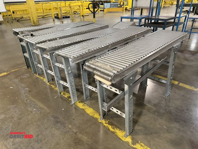 Lot 1-5244 - Set of (5) various 12" x 64" roller conveyors with adjustable height legs.
