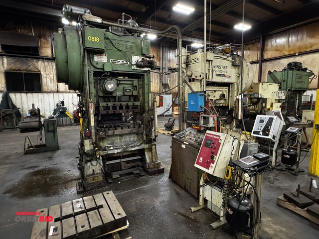 Lot 1-19647 - (1) 1973 Minster P2-10042, straight side press, 100-ton capacity, 32" x 41.5" T-slotted bolster, 27"...